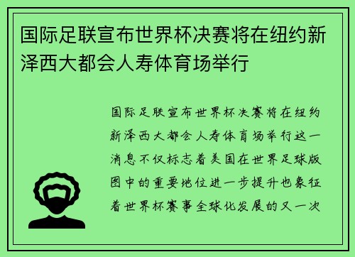 国际足联宣布世界杯决赛将在纽约新泽西大都会人寿体育场举行