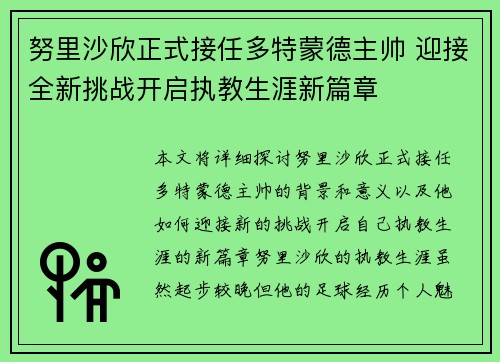 努里沙欣正式接任多特蒙德主帅 迎接全新挑战开启执教生涯新篇章